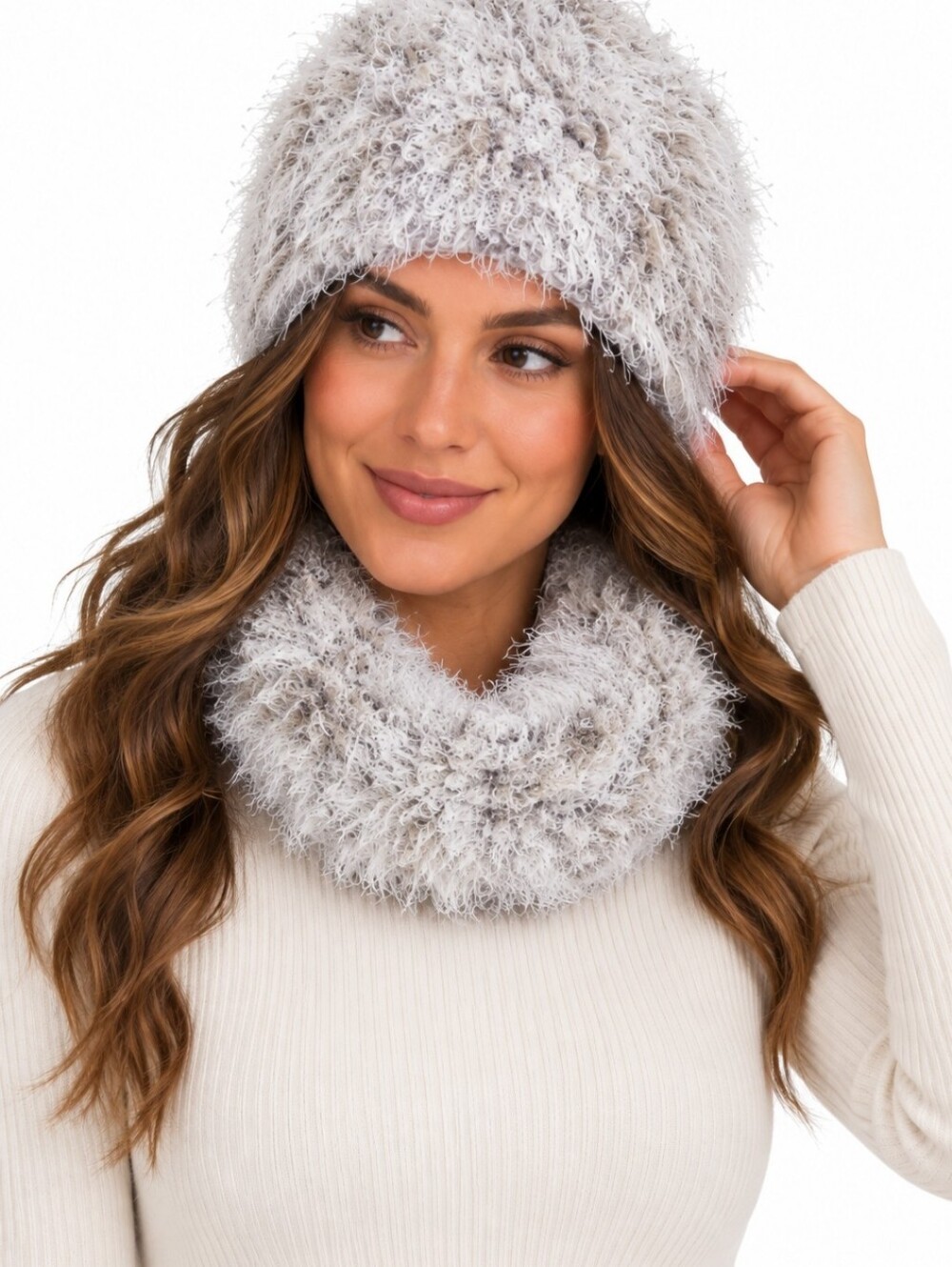 Winter Fuzzy Knit Beanie & Infinity Neck Warmer Set Solid Grey Apres Ski